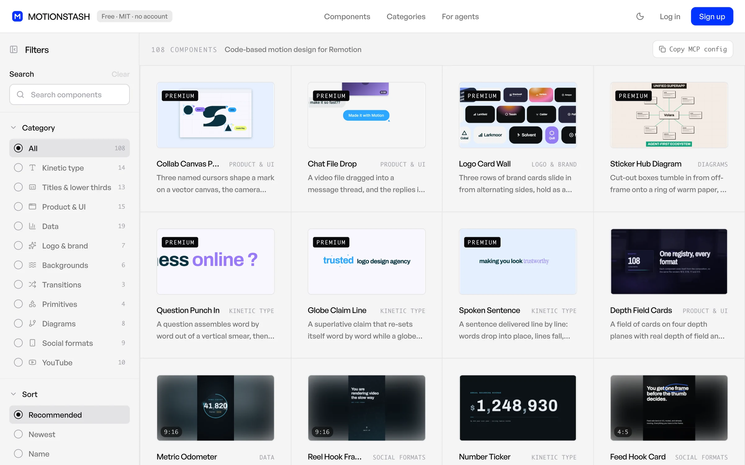Übersicht von motionstash.io mit elf Kategorien links und zwölf Komponentenvorschauen im Raster